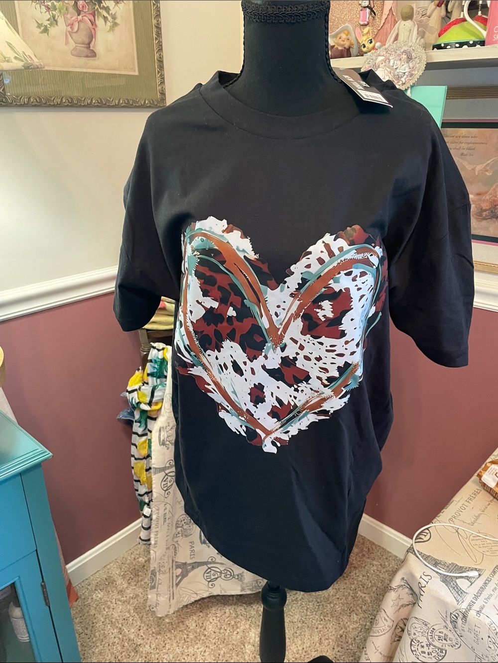 Black T shirt with turquoise and brown and white graffiti PFR New York